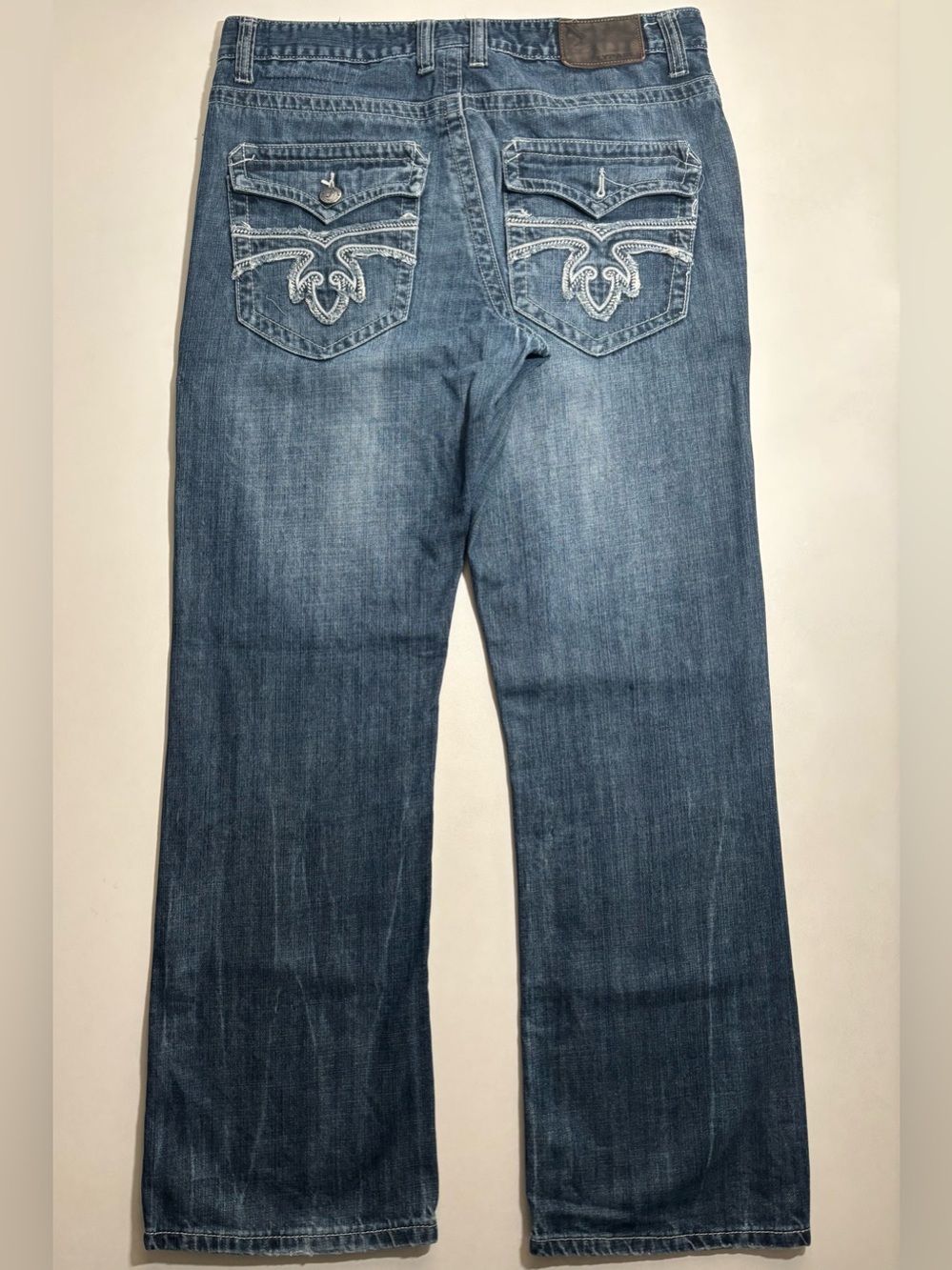 Flypaper Y2K Blue Embroidered Back Pocket Bootcut dark blue faded Jeans